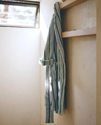 Turkish Cotton Stripe Robe (Sky with Evergreen)