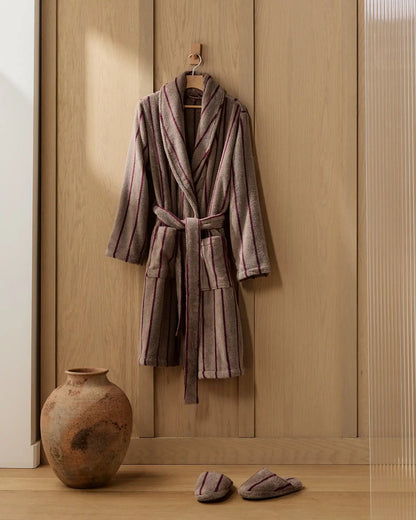 Turkish Cotton Stripe Robe (Warm Grey with Garnet)